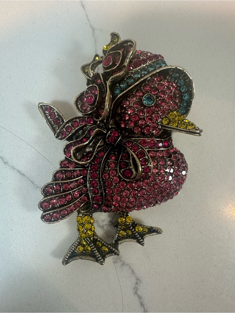 Crystal chicken Brooch - Pink, Blue & Yellow Rhinestone Bird Pin